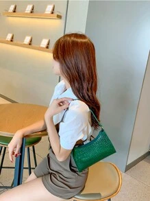 Túi đeo chéo da cá sấu sequin thời trang thu đông mới cho nữ, túi đeo chéo hình lưỡi liềm trơn, phù hợp để kết hợp hàng ngày - màu xanh lá - Xem 4