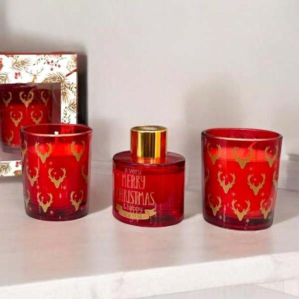 Conjunto de velas perfumadas e difusores de aroma para casa, quarto, banheiro, fragrância duradoura, aroma de maçã e canela, edição vermelha