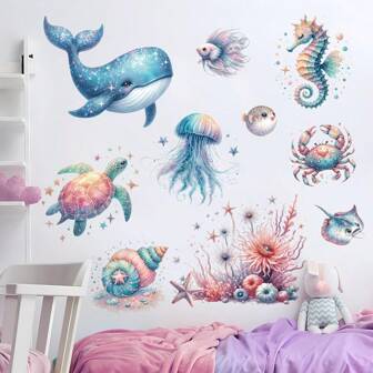 1pc Fish Print Wall Sticker, Cartoon Coral And Fish Print Wall Sticker, Undersea Blue Ocean Wall Sticker, Cartoon Removable Underwater Sea Wall Sticker, Whale Devil Ray Manta Ray Fish Wall Sticker, Suitable For Home Decor, Nursery Bedroom Living Room, Playroom, Watercolor Marine Life Decor, Stickers, Wall Decal, Vinly Decal For Home Decorations, Spring Decoration Items Refresh Your Home, Rama Decoration Stickers Gifts Birthday Graduation