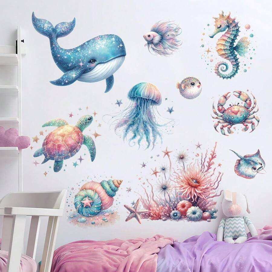 1pc Fish Print Wall Sticker, Cartoon Coral And Fish Print Wall Sticker, Undersea Blue Ocean Wall Sticker, Cartoon Removable Underwater Sea Wall Sticker, Whale Devil Ray Manta Ray Fish Wall Sticker, Suitable For Home Decor, Nursery Bedroom Living Room, Playroom, Watercolor Marine Life Decor, Stickers, Wall Decal, Vinyl Decal For Home Decorations, Spring Decoration Items Refresh Your Home, Rama Decoration Stickers Gifts Birthday Graduation - Multicolor - View 1