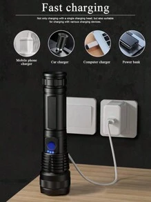 1pc Rechargeable High Brightness ABS Flashlight, USB Charging, Battery Level Display, Waterproof, Long Beam Distance, Suitable For Camping, Running, Fishing, Hiking, Reading, Outdoor Activities - Black - View 5