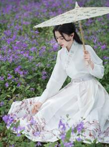 Spring Elegant Chinese Style Apricot Landscape Printed Chinese Dress Horse-Face Skirt For Chinese Wedding, Chinese New Year, Daily, Street, Commuting, Home And Other Occasions To Wear Hanfu Bottoms - Apricot - View 3