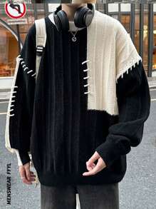 Suéter masculino retrô de corte folgado com blocos de cores, ideal para outono/inverno, manga longa.