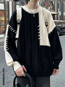 Suéter masculino retrô de corte folgado com blocos de cores, ideal para outono/inverno, manga longa.