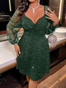 加上甜心领扭纹前灯笼袖闪光连衣裙 - 墨綠色 - 查看 5