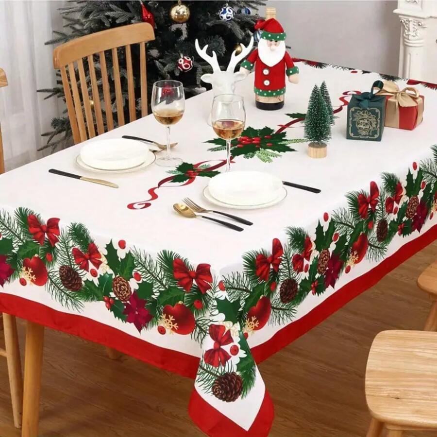 1pc Christmas Tablecloth With Pinecones And Ornaments Design, Polyester Fabric, Machine Made Rectangular Festive Table Cover For Dining Party Decor, Suitable For Kitchen And Restaurant