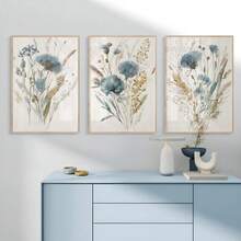 1pc Vintage Blue Beige Wild Flowers Minimal Botanical Farmhouse Art Poster Canvas Painting Wall Print Picture Living Room Home Decor No Frame - Nhiều màu - Xem 1