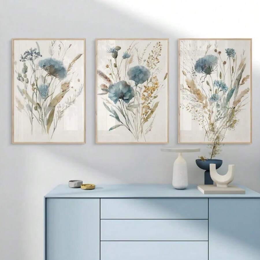 1pc Vintage Blue Beige Wild Flowers Minimal Botanical Farmhouse Art Poster Canvas Painting Wall Print Picture Living Room Home Decor No Frame - Nhiều màu - Xem 1
