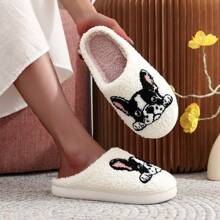 1 par de pantuflas gruesas y forradas de felpa con bordado de bulldog francés, patrón de perro, ideales para mamás de mascotas, invierno, regalo navideño