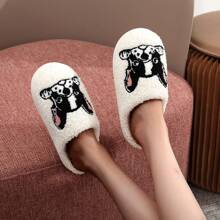 1 par de pantuflas gruesas y forradas de felpa con bordado de bulldog francés, patrón de perro, ideales para mamás de mascotas, invierno, regalo navideño