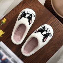 1 par de pantuflas gruesas y forradas de felpa con bordado de bulldog francés, patrón de perro, ideales para mamás de mascotas, invierno, regalo navideño
