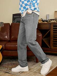 男士休闲直筒牛仔裤 - 深灰色 - 查看 1