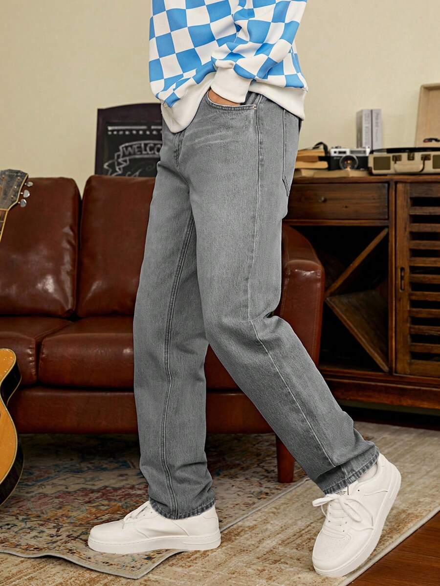 男士休闲直筒牛仔裤 - 深灰色 - 查看 1