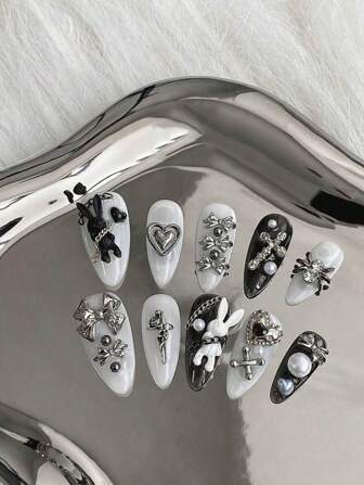 10 片长杏仁脚趾甲黑白兔子金属蝴蝶结美甲手工指甲假指甲片可拆卸重复使用，适合女士、舞台、舞会、派对场景中的女孩，含 1 片果冻卷 1 片按压指甲美甲用品指甲