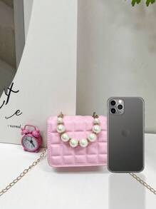1pc Mini Girl Crease Check PU Flap Simple Versatile Pearl Handle Shoulder Crossbody Bag, Suitable For Daily Use - Pink - View 6