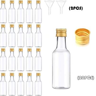 FIGHTYU Set de 5/20 minibotellas de licor, botellas de licor de plástico en miniatura de 1,7 oz/50 ml con tapas de aluminio doradas, botellas de alcohol pequeñas, incluye 2 embudos
