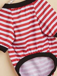 休闲时尚法国斗牛犬和贵宾犬图案条纹圆领 T 恤，适合小型/中型宠物，春/夏 - 紅色 - 查看 6