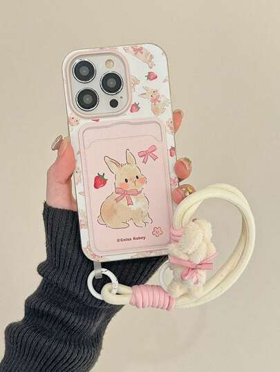 Apple Pink Strawberry, Lovely Bow Bunny Design Card Case With Lanyard Compatible With Iphone 16 Pro Max / IPhone 14, New Version Compatible With Iphone 12, 15, 14 Pro, 13 Pro Max, Shockproof Phone Case Waterproof Anti-Fall Scratch Resistant