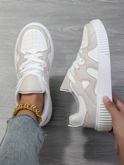 Women's Lace-Up Casual Sneakers, White Skate Shoes, Lightweight Street Wear