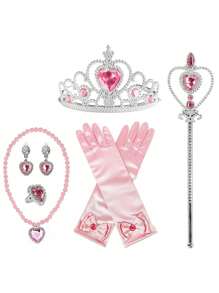 1set Kids Heart Crown, Wand, Gloves, Chain, Princess Dress Up Prop For Role Play Party, Ice Princess Costume