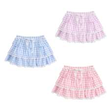 Women Y2K Plaid Mini Skirt Gingham Ruffle Lace Hem Layered Short Skirts With Lining Shorts Sexy Cute Pleated A-Line Mini Skirt - 粉色 - 查看 2