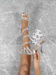 Sandalias de tacón alto brillantes para mujer, con diseño envuelto y con tiras, decoradas con rhinestones y mariposas, de punta abierta, con tacón grueso y brillante, adecuadas para bodas, banquetes y otras ocasiones