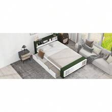 Full Size Platform Bed With Trundle,Storage Headboard And Footboard,USB Charging Design,White+Natural(Expected Arrival Time:10.17) - Trắng + Xanh lá + Gỗ đặc + MDF + Toàn bộ - Xem 7