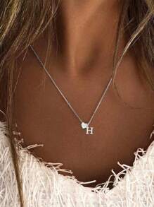 1pc Women Stainless Steel Letter A-Z Initial Necklace, Heart-Shaped Letter Necklace, Holiday Gift Valentines,Mom,Mother,Mother's Day,Gift - Silver - View 32