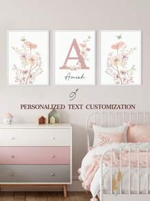 3pcs Frameless / Wood Frame Pink Personalized Name Custom Art Painting Flowers Canvas Hanging Picture Dopamine Picture Aesthetic Wall Art Kindergarten Decoration Girls Bedroom Decor Birthday Gift Gifts Graduation,Home Refresh,Home Decor Living Room - Pink - View 3