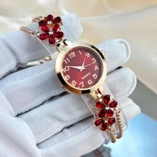 1pc Women's Red Colorful Petal Rhinestone Quartz Watch, Elegant Arabic Numerals Dial Ladies Wrist Watch - Red - View 3