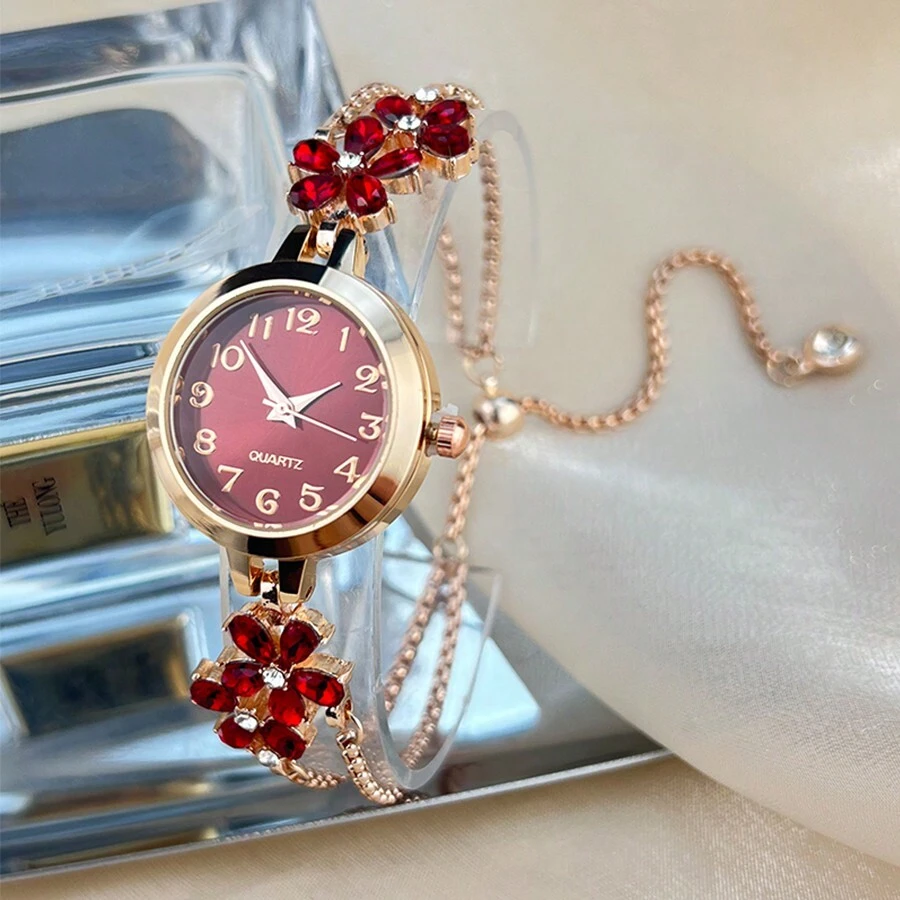 1pc Women's Red Colorful Petal Rhinestone Quartz Watch, Elegant Arabic Numerals Dial Ladies Wrist Watch