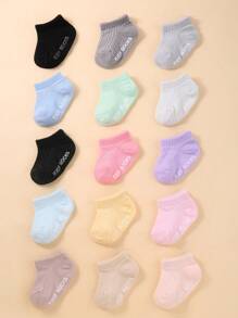 15 Pairs Baby Boys & Girls Boat Socks With White Letters On Sole | Adhesive Anti-Slip Socks | Soft & Comfortable | Suitable For Toddlers - Multicolor - View 2