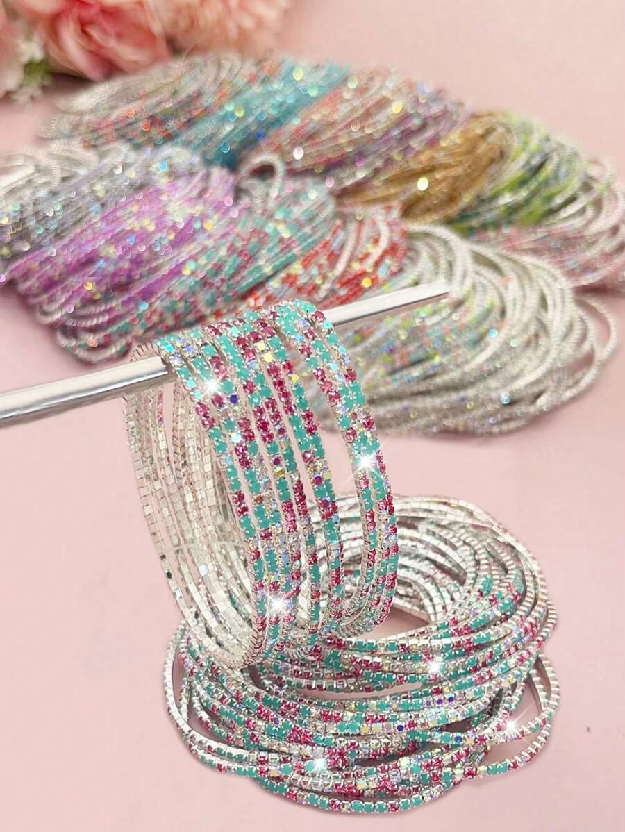 10pcs/Pack Ultra- Multi-Color Bead Tennis Bracelets With Crystal Decor For Women, Include Pink, Blue, Green, Gray, White, Purple - Bracelet Set - View 1