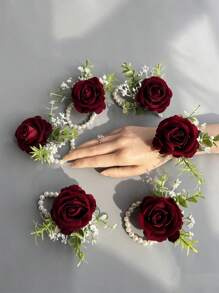 1pc/6pcs Artificial Rose Flower Bride Wrist Corsage Women Hand Flower Wedding Flowers Party Decoration Valentine's Day Accessories - Wrist Flower - View 2