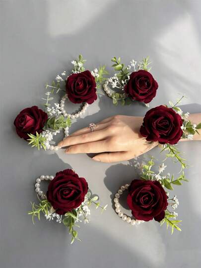 1pc/6pcs Artificial Rose Flower Bride Wrist Corsage Women Hand Flower Wedding Flowers Party Decoration Valentine's Day Accessories
