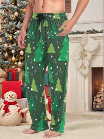 男士圣诞森林图案印花休闲休闲裤，秋冬款