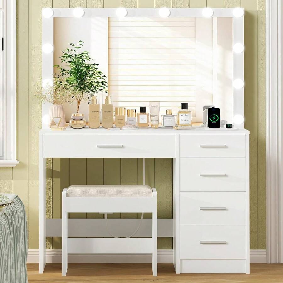 Makeup Vanity With 12 Lights, Vanity Desk With Power Outlet, Makeup