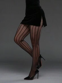 1pc Vertical Striped High Elasticity Fishnet Leggings, Sexy Tight Stockings Gothic Punk Fashion