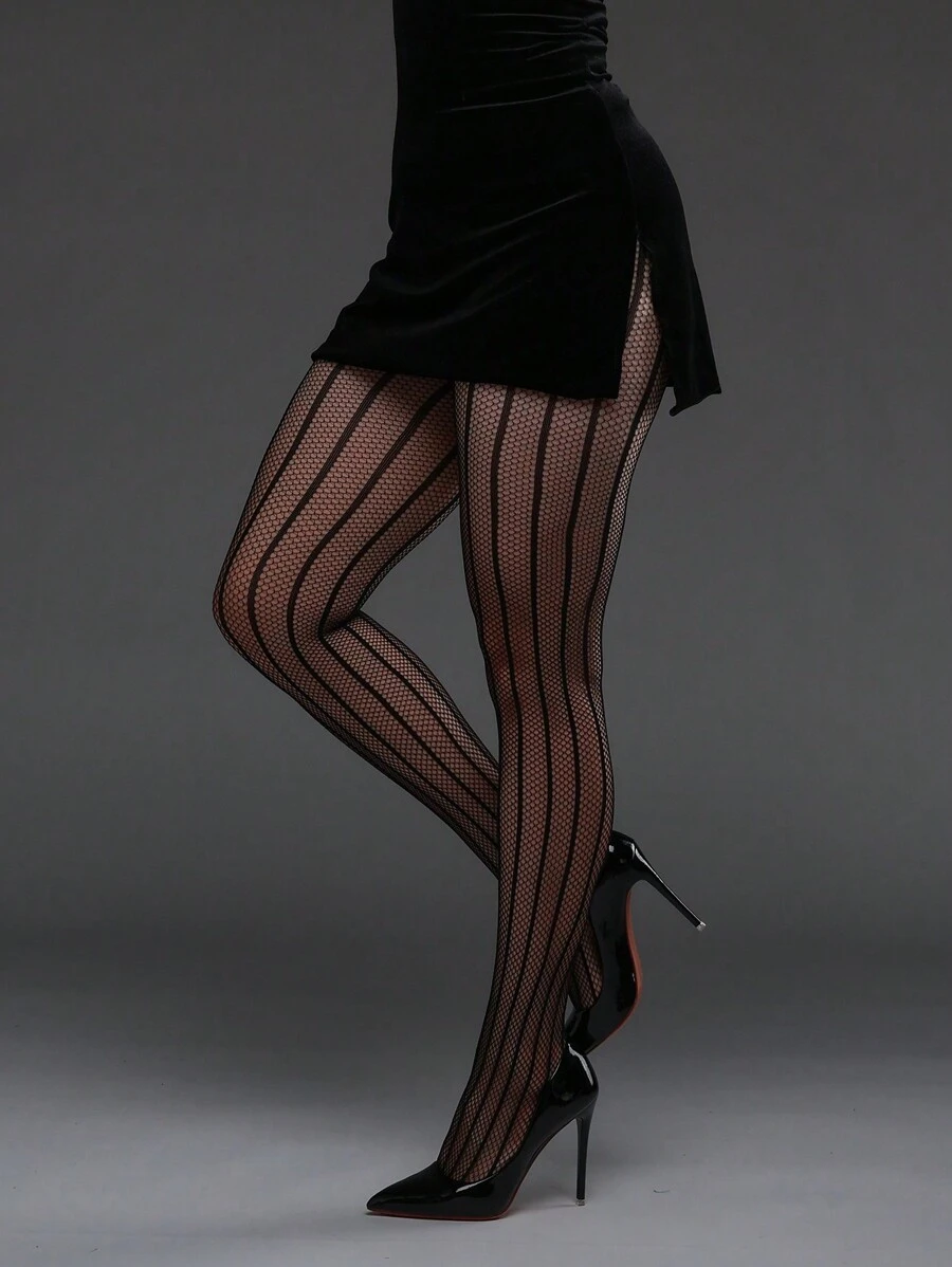 1pc Vertical Striped High Elasticity Fishnet Leggings, Sexy Tight Stockings Gothic Punk Fashion