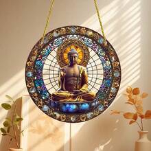 1 件 Tathagata Buddha 彩色窗户悬挂捕光器，2D 圆形亚克力装饰，适合所有季节装饰、门廊、窗户、家庭、花园、庭院、房间、送给朋友的礼物 - 彩色 - 查看 3