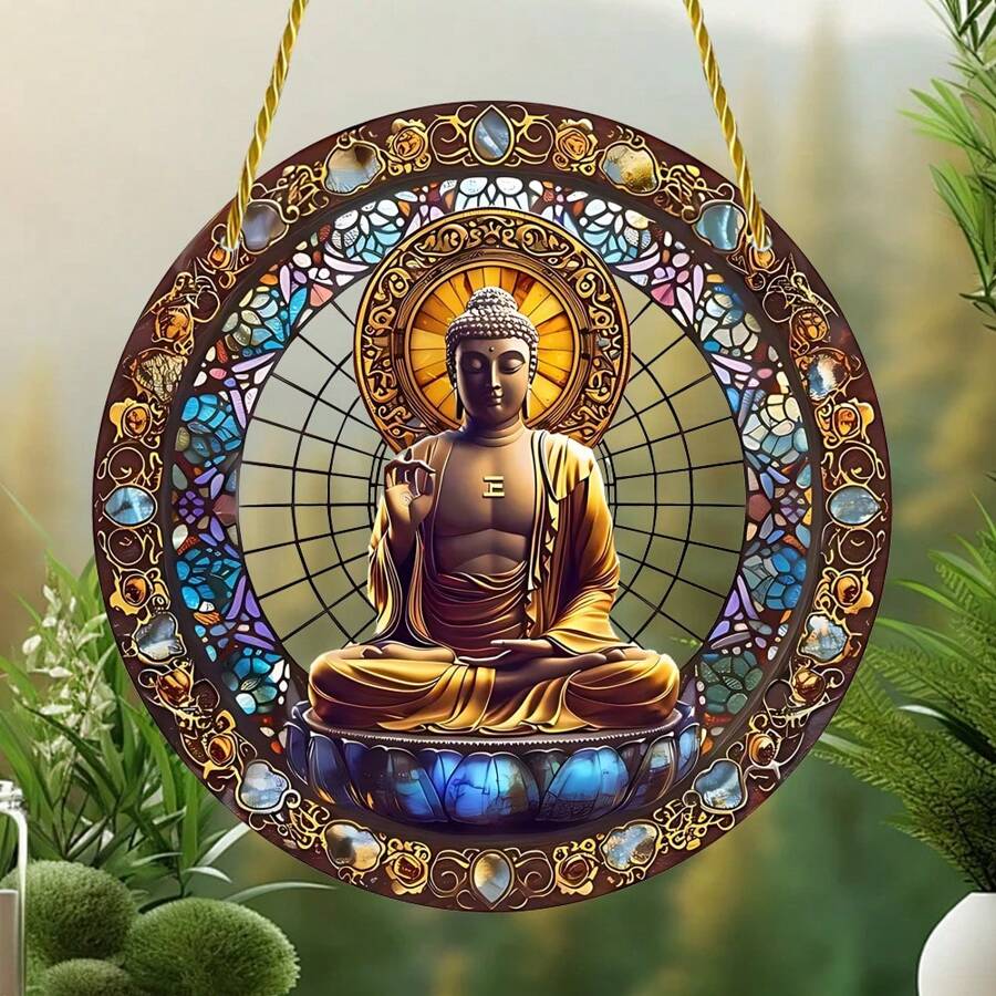 1 件 Tathagata Buddha 彩色窗户悬挂捕光器，2D 圆形亚克力装饰，适合所有季节装饰、门廊、窗户、家庭、花园、庭院、房间、送给朋友的礼物 - 彩色 - 查看 1