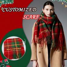 [Custom Made] 1pc Christmas Red & Green Plaid Brushed Knit Customized Embroidered Scarf, Fashion Warm Scarf For Autumn/Winter Outings