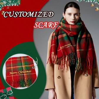 [Custom Made] 1pc Christmas Red & Green Plaid Brushed Knit Customized Embroidered Scarf, Fashion Warm Scarf For Autumn/Winter Outings