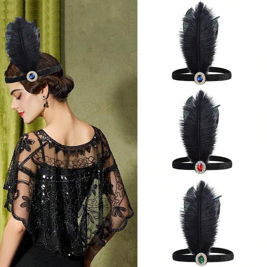 1pc 1920s Style Rhinestone Feather Headband, Vintage Accessories For Women, Single Party Costume Masquerade Ball Headpiece - Green - View 1