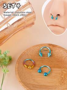 Morlyda 3Pcs/Set Cool Colorful Nose Ring Horseshoe Nose Hoops Earring 16g Stainless Steel Septum Jewelry Nose Ring Lip Ring Hinged Septum Hoops Piercing Jewelry, Septum Clicker Ring, Hoop Nose Ring For Septum, Helix, Rook, Tragus, Daith, Cartilage Earring For Women Men Halloween Piercing Body Jewelry For Party Dates Daily Wear