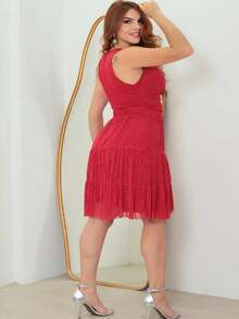 Women's Curve Plain Tulle Midi Dress - Đỏ - Xem 3
