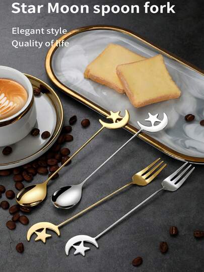 304 Stainless Steel Star & Moon Shaped Spoon & Fork Set, Coffee Spoon, Dessert Cutlery Gift, Coffee & Cake Spoon/Fork, Honey Stirring Spoon, Gift Tableware,School Supplies