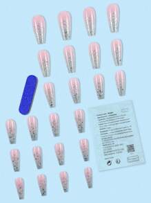 24pcs Coffin Shaped Long False Nails With Glitter Sequin, Full Cover, Pink, Great For Parties, Dancing, Daily Wear Press On Nails Nail Supplies - Coral Pink - View 2