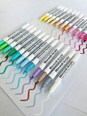 24 Pcs Morandi Acrylic Paint Pens Soft Brush Tip, Pastel Calligraphy Markers For Lettering, Card Making, Rocks Painting, Wood, Fabric, Canvas, Ceramic, Glass, DIY Art Crafting, Kids & School Supplies Back To School