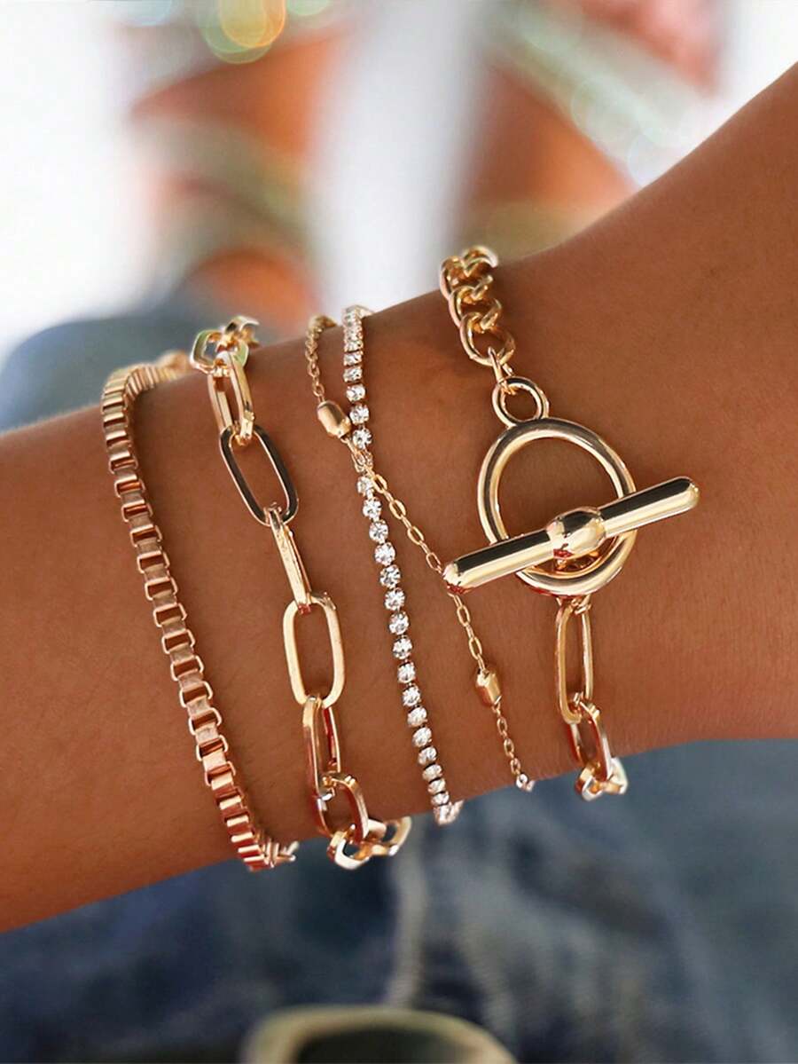 5 件/套创意水钻和串珠多层几何金属手链，适合女性日常佩戴 - 金黃色 - 查看 1